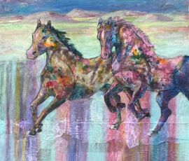 Shirley Mancino, Mustang Jaunt, 26x30, mixed media collage Shirley Mancino, Mustang Jaunt, 26x30, mixed media collage