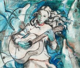 Shirley Mancino, Dancing with Dolphins, 24x30in, mixed media Shirley Mancino, Dancing with Dolphins, 24x30in, mixed media