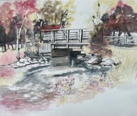Shirley Mancino, Wolf Lake Dam, 22 x 30 in, watercolour and ink Shirley Mancino, Wolf Lake Dam, 22 x 30 in, watercolour and ink